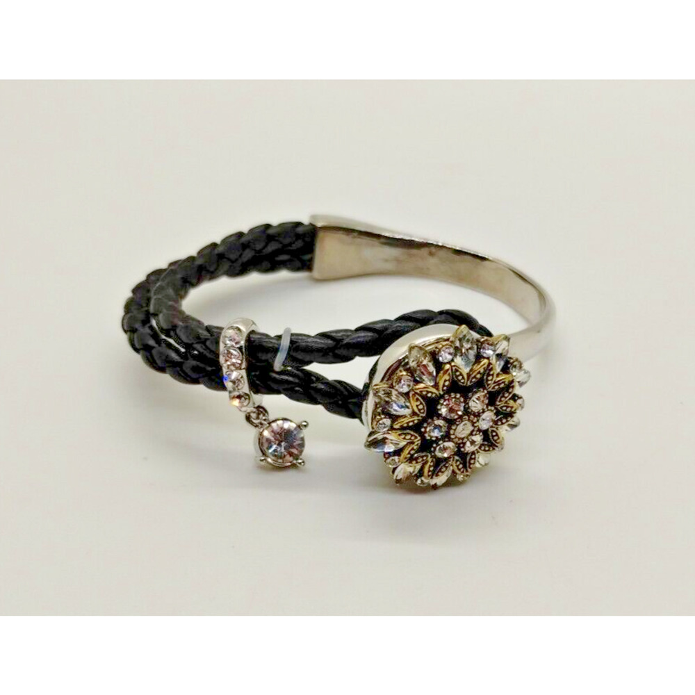 Silver Tone Glass Rhinestone Black Braided Cord Bracelet 6.75 inch - with Accent